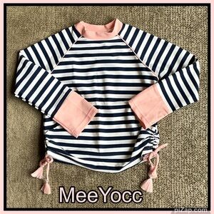 NWT -MeeYocc Black-White Striped Long Sleeve Swim Top with Pink Accents ~ Sz 5